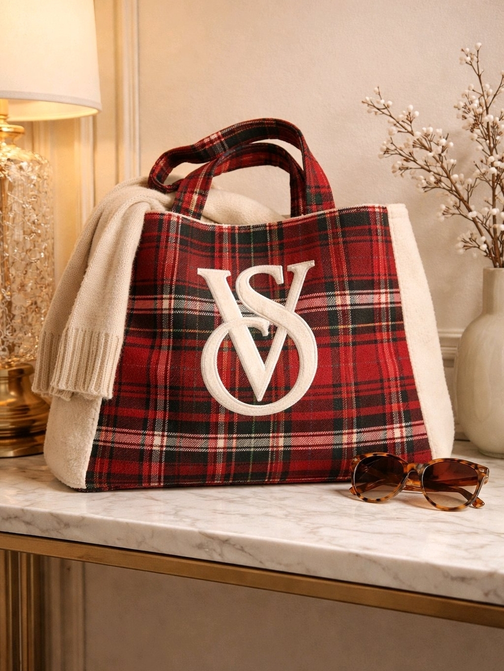 Victoria's Secret Red Plaid Tote with Cream Trim